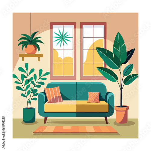 Bright Living Room Interior with Large Plant and Bookshelf