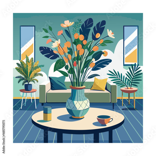 Fresh Floral Arrangement in Modern Vase on Coffee Table