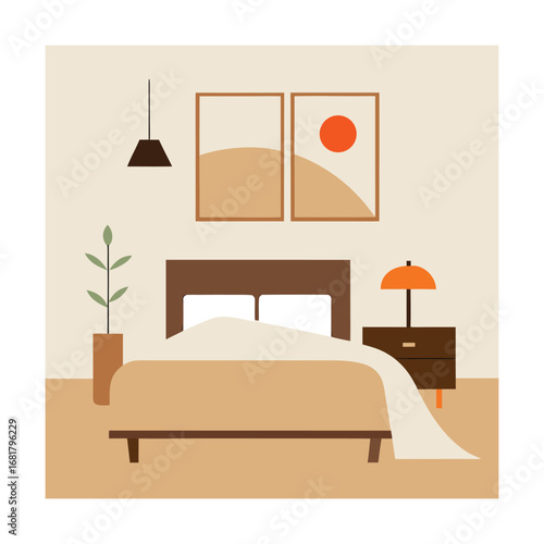 Minimalist Bedroom Interior with Beige Linens and Soft Decor