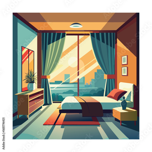 Modern Hotel Room with Open Curtains and Sunlight Interior