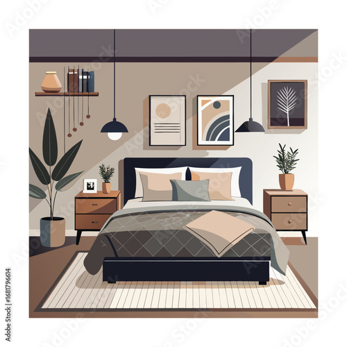Neutral Toned Bedroom with Layered Bedding and Wall Art