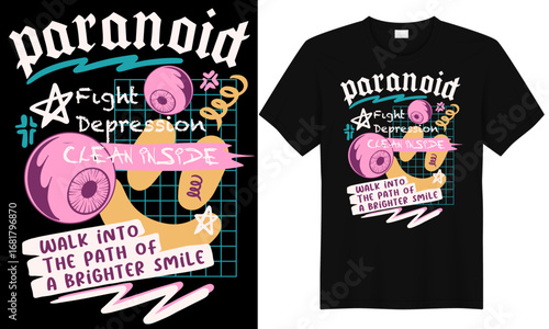 Black streetwear t-shirt with paranoid typography design featuring fight depression text, roller skate wheels, and bold art