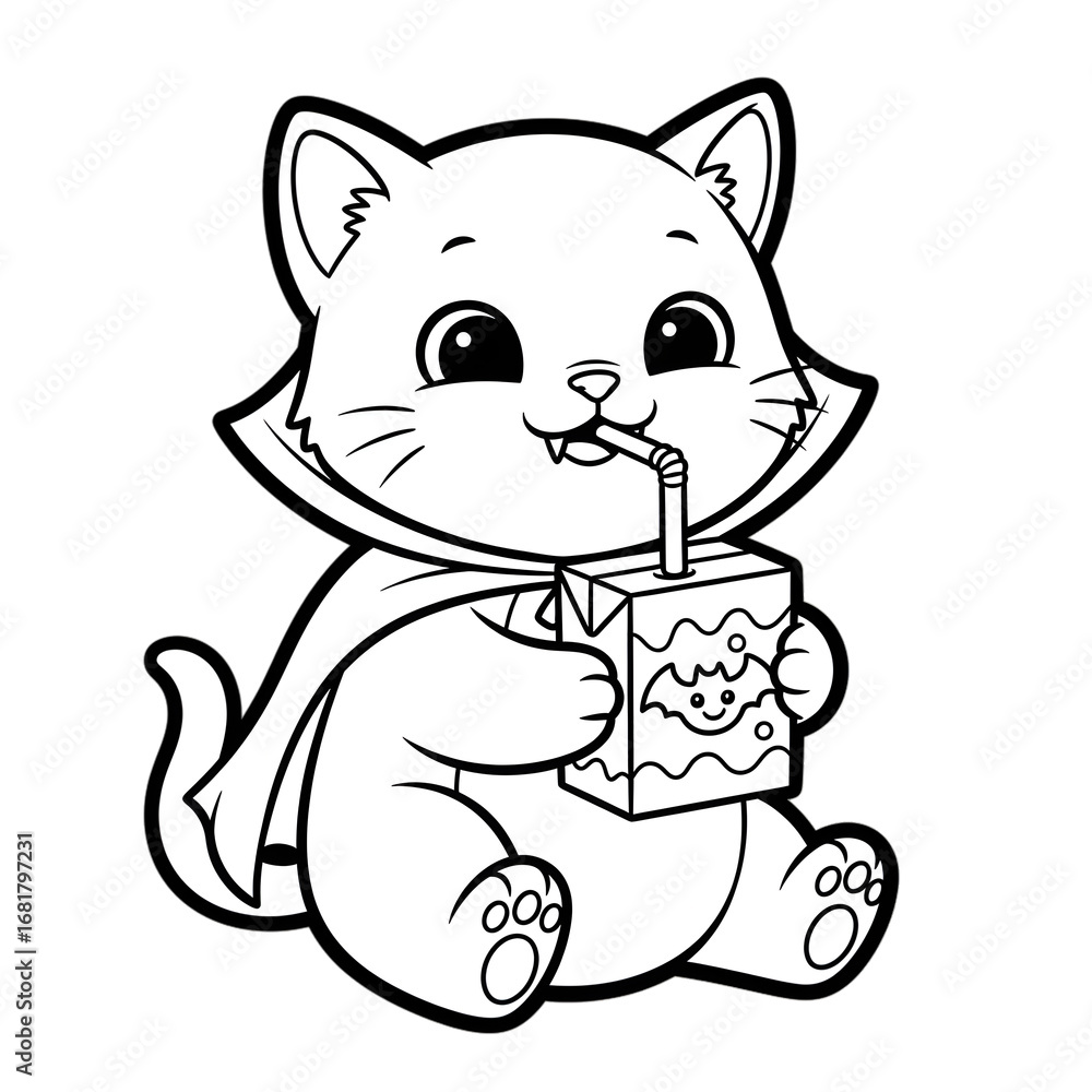 Obraz premium Cute cartoon kitten dressed as a vampire, enjoying a Halloween-themed juice box