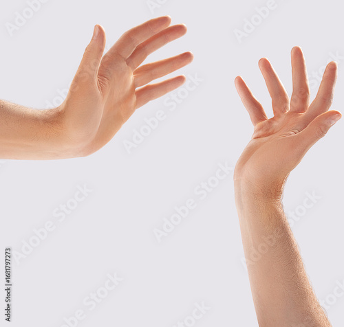 Two hands extend toward each other, symbolizing connection and communication. The focus is on the delicate gestures, emphasizing the warmth of interaction and human connection.