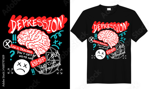 Black streetwear t-shirt with depression awareness graphic design featuring brain illustration, typography, and sad face