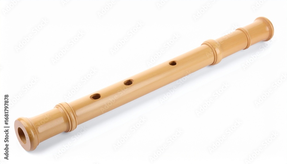 Naklejka premium Traditional Japanese shakuhachi flute—bamboo body, natural wood tone, cylindrical shape, finger holes, flared ends, smooth polished surface, cultural and meditative ambiance.