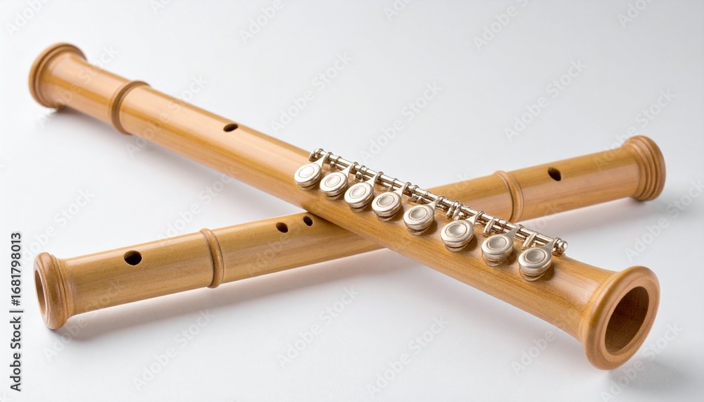 Naklejka premium Traditional Japanese shakuhachi flute—bamboo body, natural wood tone, cylindrical shape, finger holes, flared ends, smooth polished surface, cultural and meditative ambiance.