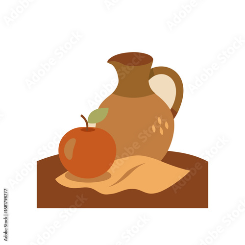 this still life features a rustic clay jug with de