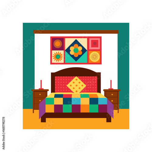 this vibrant bedroom features a colorful patchwork