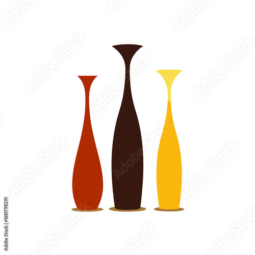 three tall  slender vases stand together  each wit