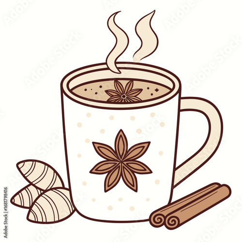 Vector art of steaming mug of chai tea with star anise and cinnamon sticks, cozy beverage illustration