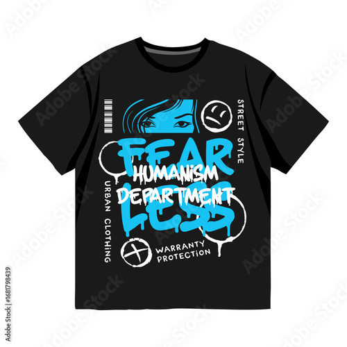Black streetwear t-shirt with fearless typography design featuring blue graffiti text, abstract face, and bold graphics