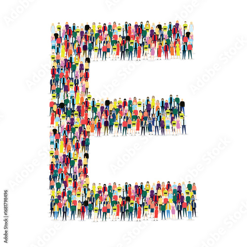 Letter E made up of many people on a white background - Vector illustration