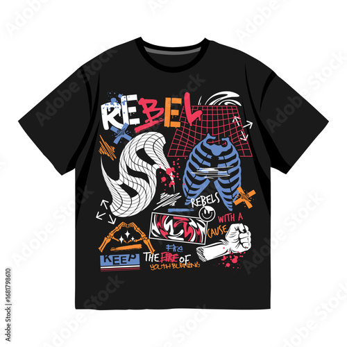 Black streetwear t-shirt with bold rebel graphic design featuring fist, typography, abstract elements, and colorful art