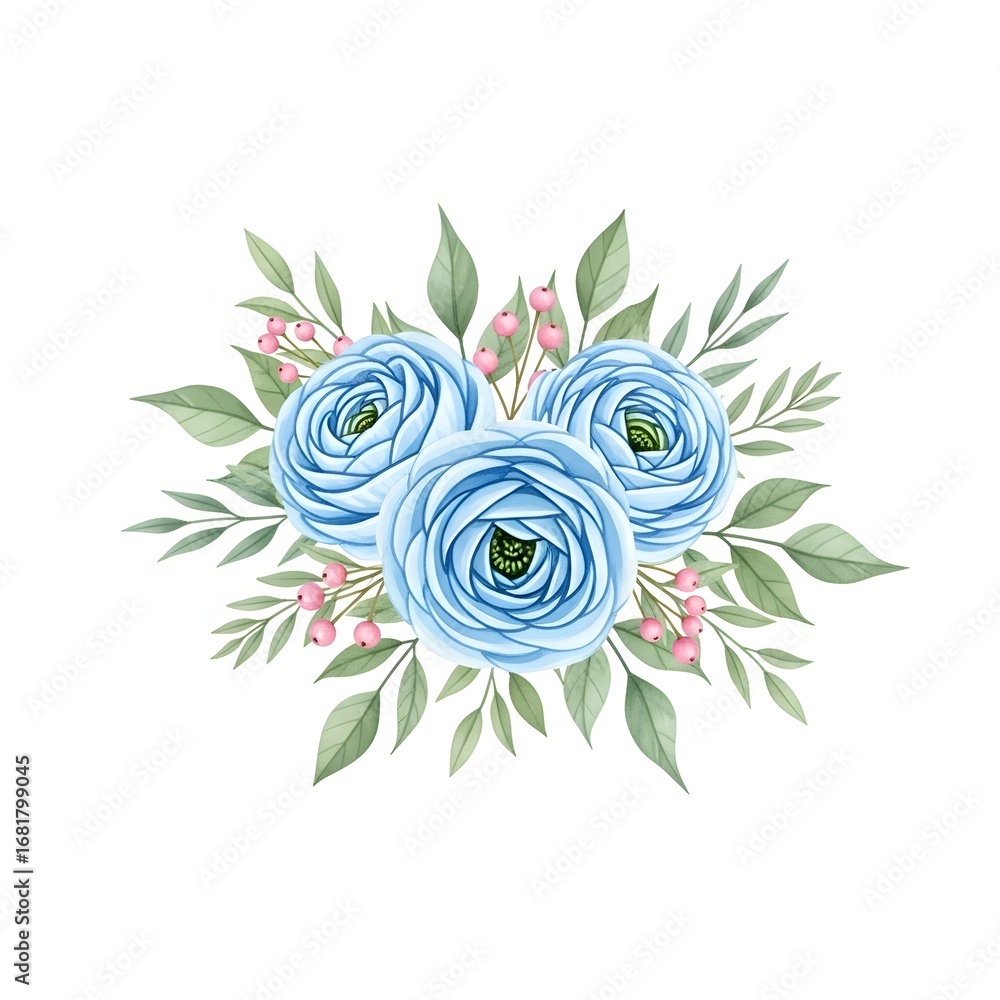 Obraz premium Blue ranunculus watercolor floral bouquet. Elegant botanical composition for greeting cards and stationery. Isolated hand-drawn flower arrangement with leaves and berries.