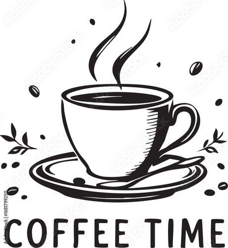 Black and white coffee cup with steam and scattered beans line art drawing
