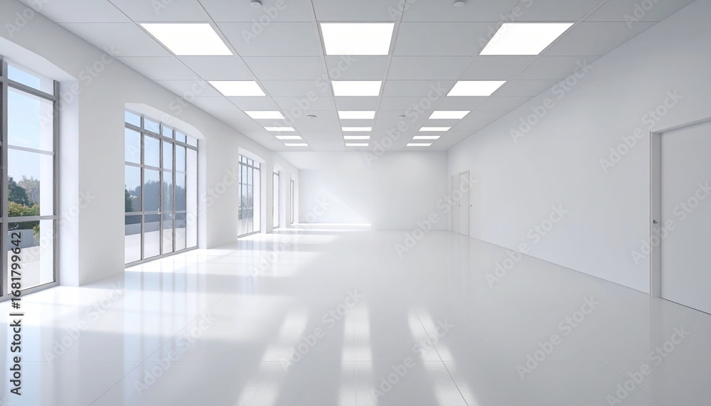 custom made wallpaper toronto digitalEmpty modern room—glossy white floor, recessed ceiling lights, large windows with outdoor view, minimal design, showroom or office ambiance.