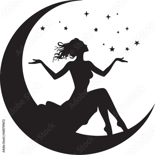 Cosmic celestial woman silhouette on a crescent moon with stars vector graphic
