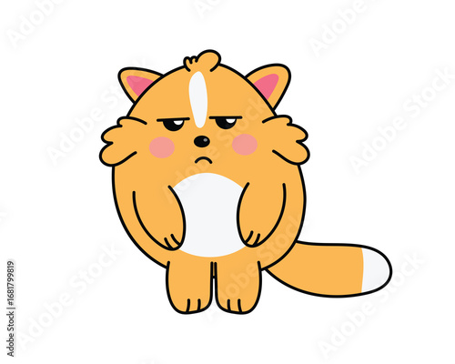 Orange cartoon cat with a frown and droopy eyes, showing grumpiness or sadness in a humorous and exaggerated style.
