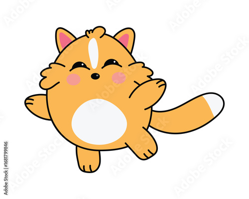 котикиCheerful orange cartoon cat character jumping in the air with a big smile, showing happiness, fun, and playful mood.
