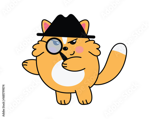 Adorable cartoon cat dressed as a detective, wearing a black hat and holding a magnifying glass, ready to solve a mystery.
