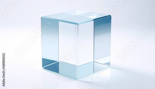 Transparent acrylic cube with reflective surfaces, white background, hollow top, light gradients, minimalistic modern design, optical clarity.