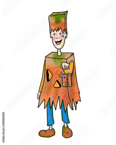 Niño pidiendo caramelos con disfraz de Halloween hecho a mano. Chico disfrazado con disfraz de calabaza casero y bolsa de caramelos. Niño pidiendo golosinas en la fiesta de halloween.