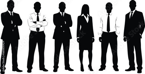 Silhouettes of business professionals in formal office attire, team standing confidently, isolated on white background, corporate people illustration design.