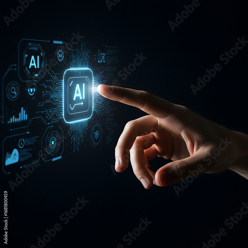  Close-up of a human hand reaching toward a glowing AI hologram interface
