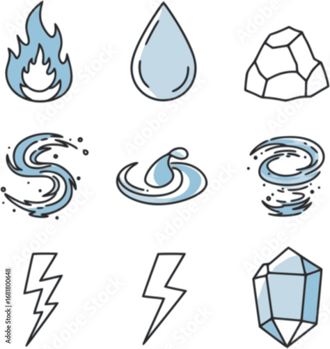 Natural Disasters Icons. Outline icon set of natural unrest: volcanic eruption, tsunami wave, tornado, lightning bolt, earthquake
