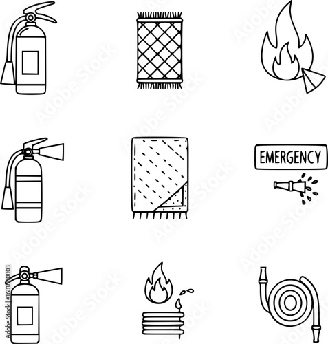 Fire Safety Icons. Outline icon set of fire safety equipment: fire extinguisher, fire blanket, emergency exit sign, fire hose,

