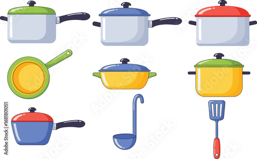 Colorful kitchen cookware vector set, cooking pots and utensils illustration, frying pan, ladle, spatula, saucepan, cartoon kitchen tools for food preparation