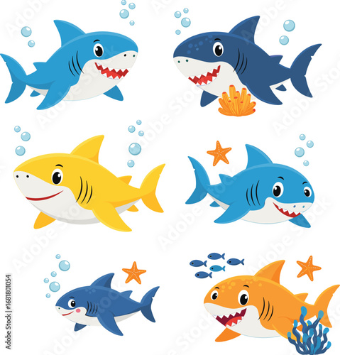Cartoon sharks vector set, colorful smiling sharks with coral, bubbles, fish, and starfish, underwater marine life, cute sea creatures, ocean theme