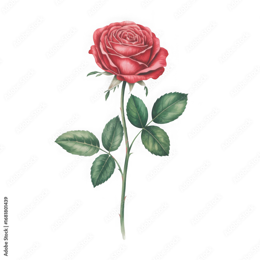 Obraz premium Single delicate pink rose with green leaves isolated on a stark white background