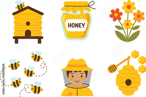 Honeybee vector illustration set, beekeeper with bee hive, honey jar and dipper, flying bees with flowers, sweet honey production, nature and pollination art