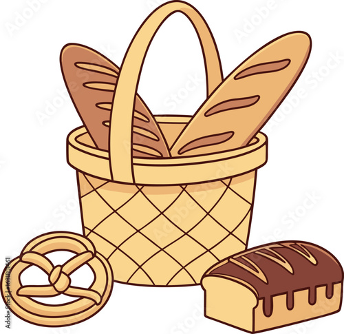 Vector art of basket of fresh bread, including baguettes, a loaf, and a pretzel