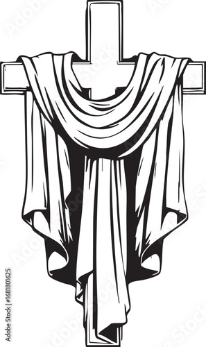 Christ is Risen! Black and White Cross with Draped Cloth Vector Illustration

