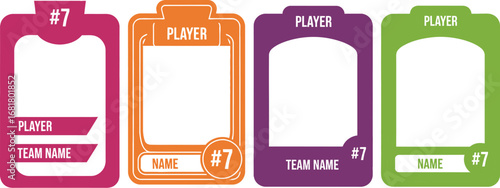 Colorful player card templates for sports team with name and number