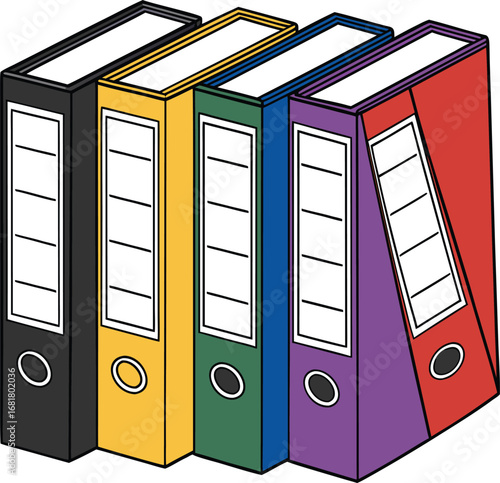 Vector art of a row of five colorful ring binders, including black, yellow, green, purple, and red, standing upright on a