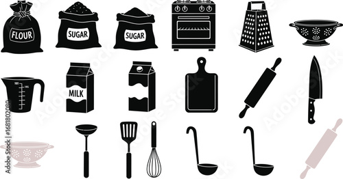 Baking kitchen utensils flour sugar milk oven grater knife vector
