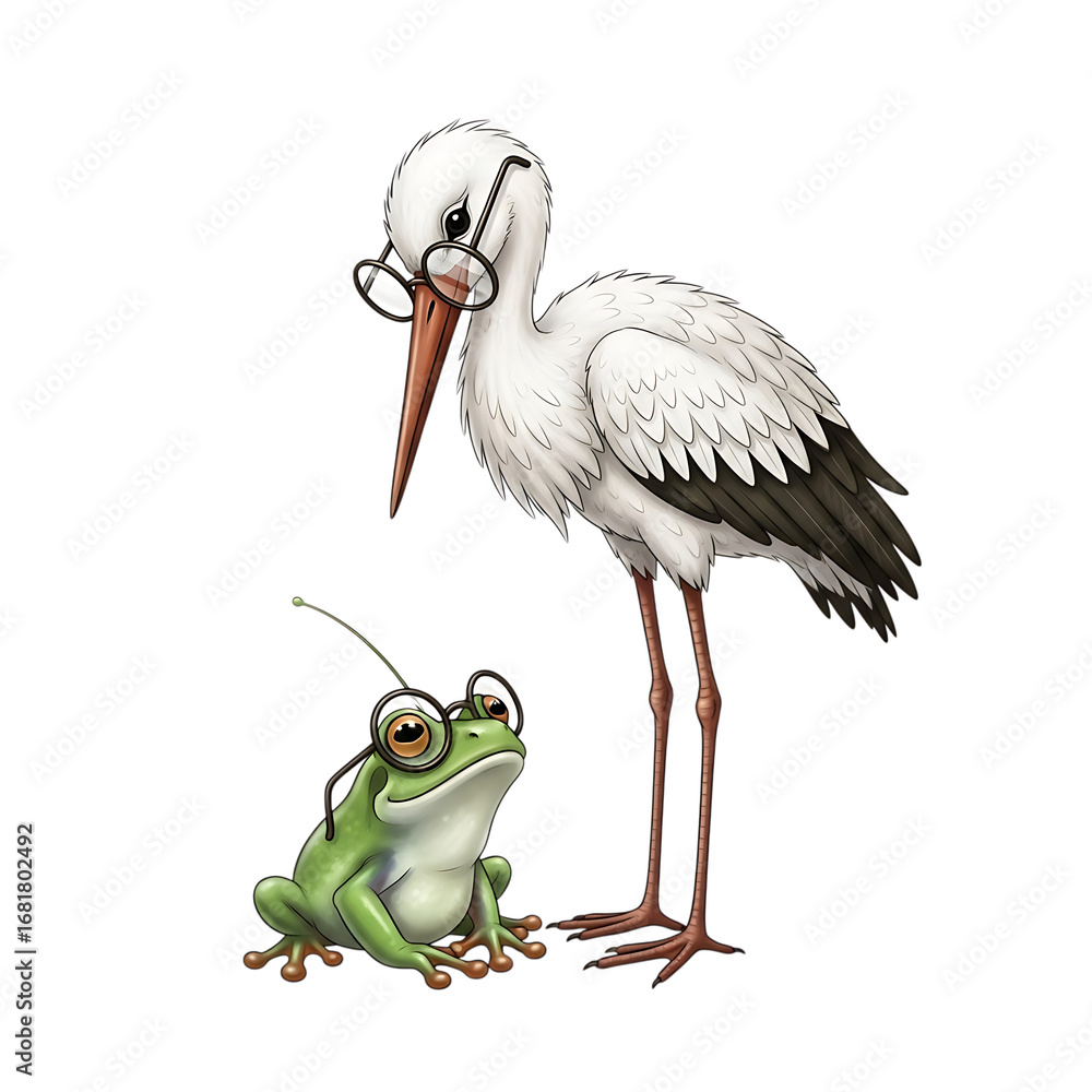 Obraz premium Illustration of a stork wearing glasses and a frog wearing glasses and a small antenna, interacting in a whimsical way, isolated on transparent background