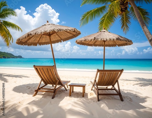 Wallpaper Mural Two wooden beach chairs and straw umbrellas on a pristine white-sand beach, overlooking a turquoise ocean under a vibrant blue sky. Torontodigital.ca
