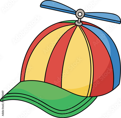 Vector art of colorful propeller hat with red, yellow, and blue panels and a green brim