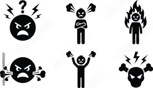 Anger management angry face rage emotion frustration stress icon set