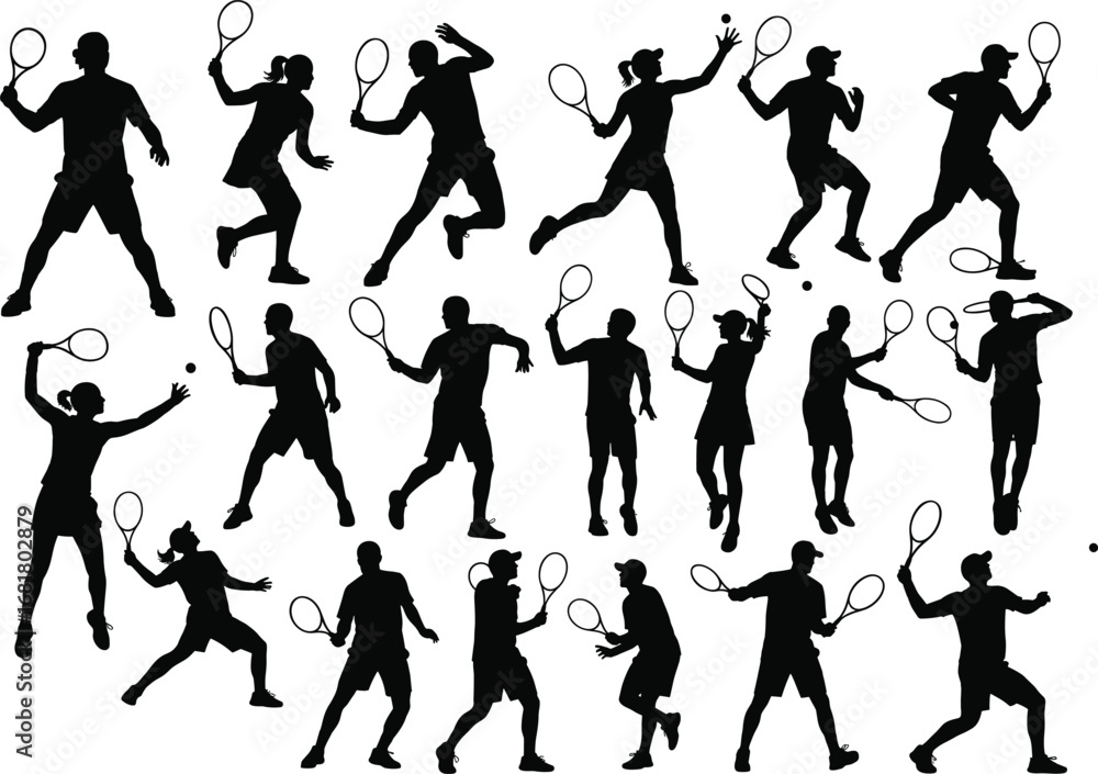 custom made wallpaper toronto digitalSilhouettes of tennis players in action poses, male and female athletes playing sport, isolated on white background, dynamic movement collection.