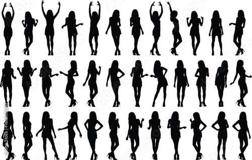 Silhouettes of women in various fashion poses, diverse standing and dancing positions, isolated on white background, elegant and stylish collection.