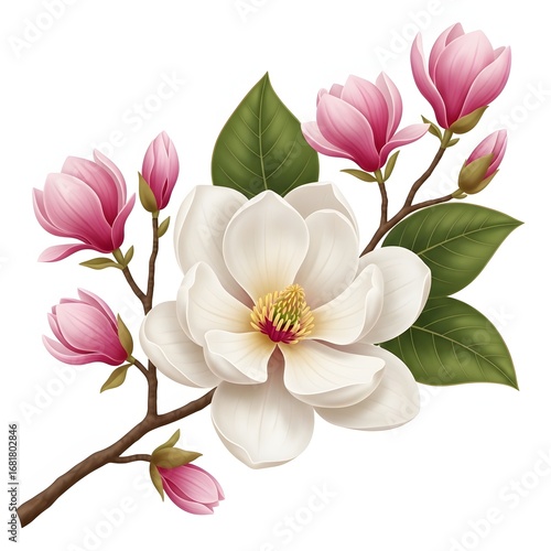 Branch of blooming white and pink magnolia flowers. Elegant spring blossom and botanical art concept. Isolated floral illustration for wedding or spa design.
