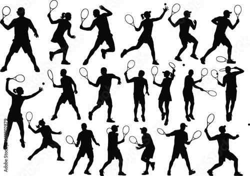 Wallpaper Mural Silhouettes of tennis players in action poses, male and female athletes playing sport, isolated on white background, dynamic movement collection. Torontodigital.ca