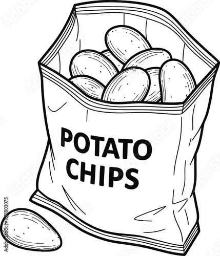 Potato chips bag chips snack food crispy salty delicious outline