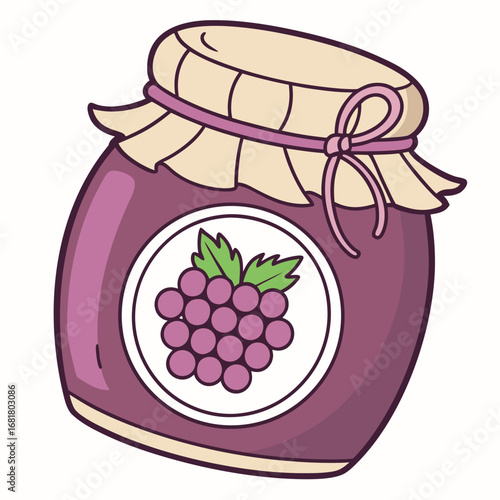 Vector art of a cartoon jar of grape jam with a label featuring grapes and a decorative cloth lid tied with a ribbon